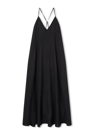 Abito maxi nero con spalline sottili regolabili, caratterizzato da una vestibilità rilassata, scollo a V e tessuto fluido per un facile movimento.