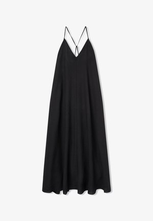 Abito maxi nero con spalline sottili regolabili, caratterizzato da una vestibilità rilassata, scollo a V e tessuto fluido per un facile movimento.