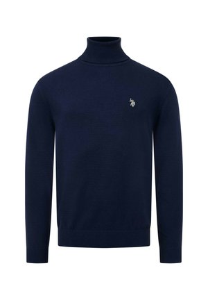 Marineblauer Rollkragenpullover mit langen Ärmeln, gerippten Bündchen und Saum, mit kleinem weißem Sticklogo auf der linken Brust.