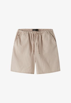 Beige gestreepte shorts met een trekkoord in de taille, zijzakken, gemaakt van lichte stof, met smalle verticale lijnen en een ontspannen pasvorm.