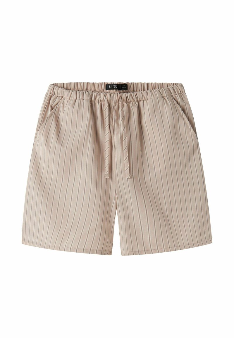 Shorts rayés beiges avec une taille à cordon, poches latérales, fabriqués en tissu léger, présentant des lignes verticales étroites et une coupe décontractée.