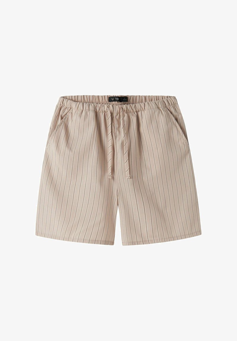 Béžové pruhované šortky s elastickým pasem na šnůrku, bočními kapsami, vyrobené z lehké látky, s úzkými vertikálními pruhy a volným střih.