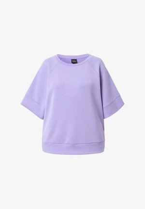 Lavendelfarbenes Sweatshirt mit kurzen Ärmeln, dezenter gepunkteter Struktur und breiten Bündchen, mit rundem Ausschnitt und lockerem Schnitt.