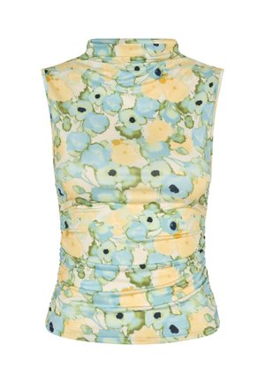 Bloemige mouwloze top met een hoge hals en rimpeldetails. De stof heeft een pastelkleurenpalet met blauwe, gele en groene bloemen.
