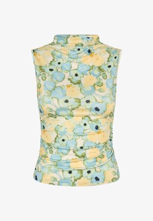 Virágos, ujjatlan felső magas nyakkal és ráncolt részletekkel. Az anyag pasztell színpalettájú, kék, sárga és zöld virágokkal.