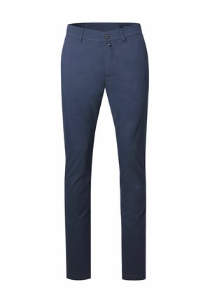 Marineblaue Hose mit schmaler Passform. Aus glattem Stoff, mit Knopfverschluss und auffälliger Nahtverarbeitung entlang der Nähte.
