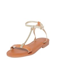Sandalo piatto marrone con accenti metallici dorati, design a T-strap e texture a motivo rettile sulla fascia della punta. Suola leggermente imbottita.