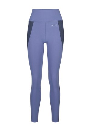Leggings bleus taille haute avec panneaux latéraux noirs texturés et petit logo blanc "FALKE" sur la hanche droite à l'avant.