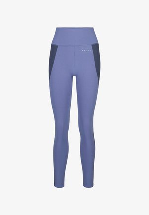 Blauwe leggings met hoge taille, zwarte gestructureerde zijpanelen en klein wit "FALKE"-logo op de rechter voorheup.