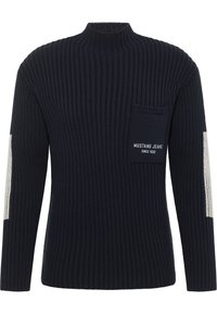 Tengeri bordás pulóver magas nyakkal és hosszú ujjakkal. Mellzsebében "MUSTANG JEANS SINCE 1932" felirattal. Világosszürke részletek az ujjakon.
