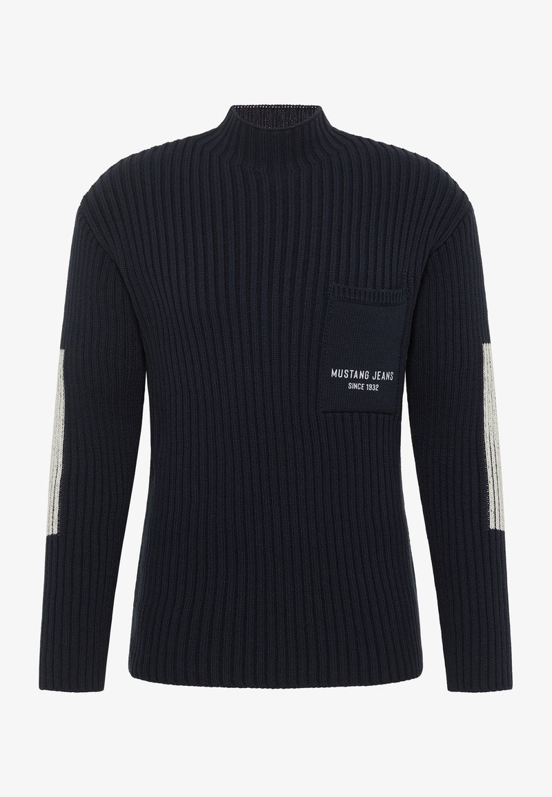 Marineblauer gerippter Pullover mit hohem Kragen und langen Ärmeln. Verfügt über eine Brusttasche mit dem Aufdruck "MUSTANG JEANS SINCE 1932". Helle graue Akzente an den Ärmeln.