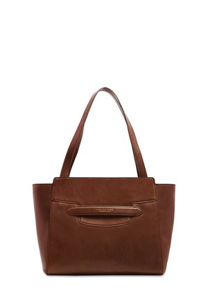 Borsa tote in pelle marrone con doppi manici a spalla e dettaglio orizzontale in pelle sul davanti, con piccolo testo del marchio dorato.
