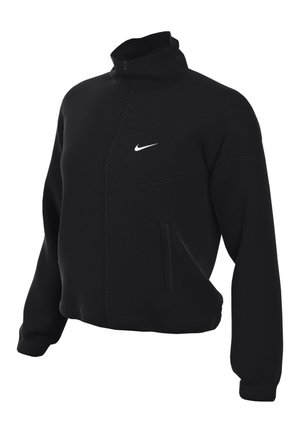 Zwarte Nike zip-up jack met hoge kraag, met een gladde textuur, twee zijzakken en een klein wit logo op de borst.