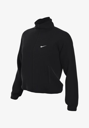 Czarna kurtka Nike na zamek z wysokim kołnierzem, charakteryzująca się gładką teksturą, dwoma bocznymi kieszeniami i małym białym logo na piersi.