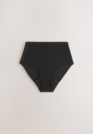 Chiloți negri cu talie înaltă, cu un model subtil de leopard, confecționați dintr-un material neted și cu părți laterale din plasă contrastantă pentru o respirabilitate îmbunătățită.