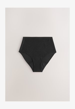 Crne visoke gaćice s suptilnim leopard uzorkom, izrađene od glatkog materijala s kontrastnim mrežastim bočnim stranama za poboljšanu prozračnost.