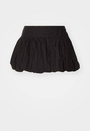 Black tiered mini skirt with a wide waistband, featuring soft, textured fabric and pleated design. No visible fastenings or embellishments.