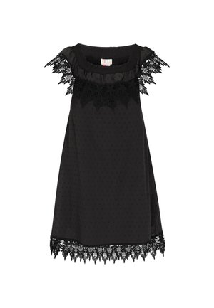 Čierny top bez rukávov s textúrovanými bodkami, s vykrojeným čipkovým výstrihom a lemom. Materiál je mäkký s ľahkým, ležérnym dizajnom.