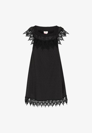 Top nero senza maniche con pois testurizzati, caratterizzato da un colletto in pizzo a scallop e orlo. Il tessuto è morbido con un design leggero e fluido.