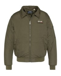 Olivgrüne Bomberjacke mit Frontreißverschluss, zwei seitlichen Taschen, einer Reißverschlusstasche am Ärmel und einem "Schott"-Patch auf der Brust.