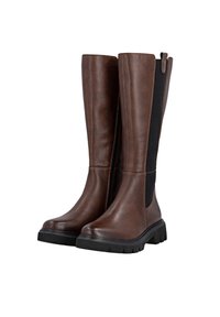 Brown leather knee-high boots featuring a smooth finish, elastic side panels, and a thick black rubber sole with traction.
