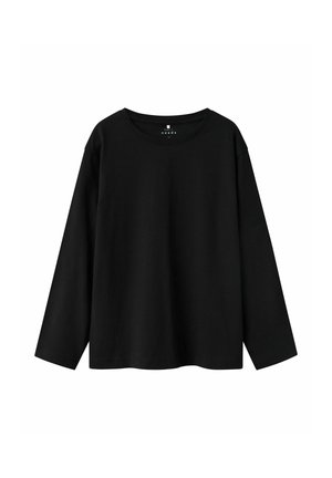 T-shirt noir à manches longues, en coton doux, avec un col rond et une coupe ample, sans motifs ni accents visibles.