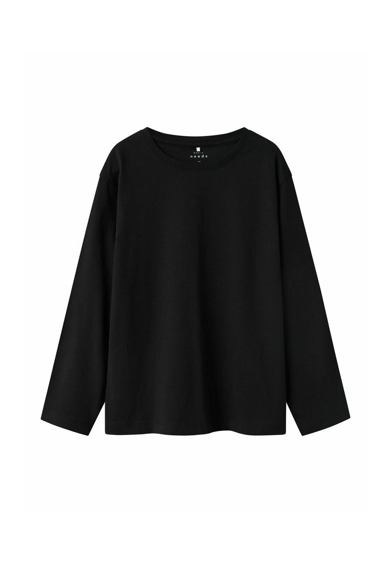 Črna majica z dolgimi rokavi, narejena iz mehkega bombaža, ima okroglo ovratnik in ohlapen kroj brez vidnih vzorcev ali dodatkov.