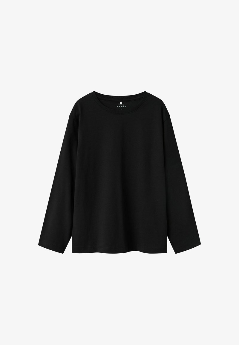 Črna majica z dolgimi rokavi, narejena iz mehkega bombaža, ima okroglo ovratnik in ohlapen kroj brez vidnih vzorcev ali dodatkov.