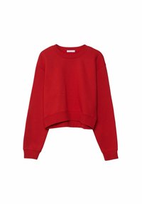Sweatshirt rouge court avec des manches longues et un col rond, présenté sur un fond blanc.