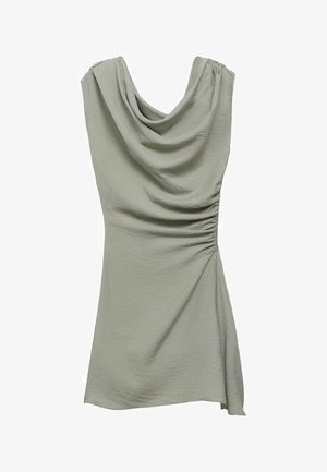 Svetlozeleni top brez rokavov z drapiranim izrezom in nabranimi stranskimi detajli. Narejen iz mehkega, teksturiranega materiala z ohlapnim krojem.