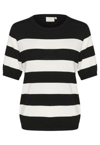 Sort og hvid stribet kortærmet sweater med rund halsudskæring, lavet af blødt strikmateriale. Udsmykket med ribbede manchetter og kant.