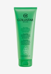 Zielony plastikowy pojemnik z pokrywką flip-top. Zawiera tekst w wielu językach dotyczący "Kremu pod prysznic Talasso". Obejmuje logo w kształcie kropli oraz szczegóły.