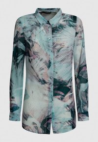 Camicia con maniche lunghe e bottoni in tessuto trasparente, caratterizzata da una stampa astratta multicolore con punti, tonalità di blu petrolio e accenti rosa.