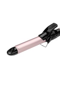 Lockenstab mit rosa Lauf, schwarzem Griff, Klammerhebel und einstellbarem Temperaturregler vor weißem Hintergrund.