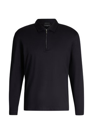 Black long-sleeve polo shirt with a quarter zip and collar, plain design, made from mercerized cotton.