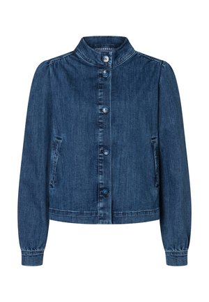 Dunkelblaue Jeansjacke mit langen Ärmeln, Knopfleiste, Stehkragen, Seitentaschen und elastischen Bündchen.