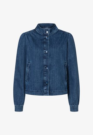 Dunkelblaue Jeansjacke mit langen Ärmeln, Knopfleiste, Stehkragen, Seitentaschen und elastischen Bündchen.