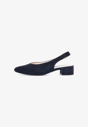 Black suede slingback shoe with a pointed toe, low block heel, and side cutout design. Smooth texture with minimalistic detailing.