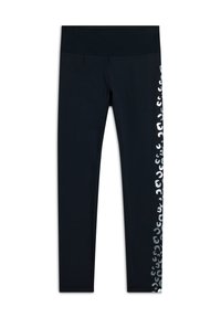 Leggings neri realizzati in tessuto elastico con una vita alta. Presentano un accento di stampa animale bianca lungo il lato sinistro. Texture morbida.