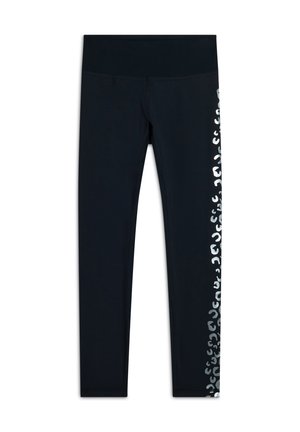 Leggings neri realizzati in tessuto elastico con una vita alta. Presentano un accento di stampa animale bianca lungo il lato sinistro. Texture morbida.