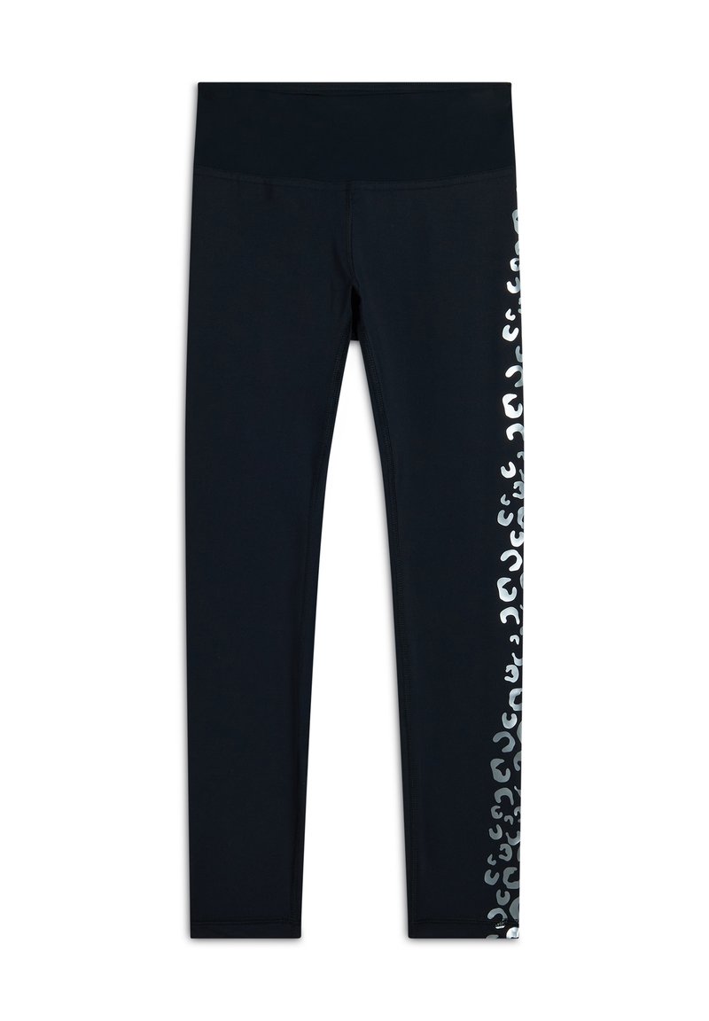 Leggings neri realizzati in tessuto elastico con una vita alta. Presentano un accento di stampa animale bianca lungo il lato sinistro. Texture morbida.