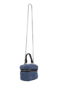 Borsa circolare in perline blu con base in pelle nera, zip silver e lunga tracolla in argento. Presenta una maniglia superiore per il trasporto.