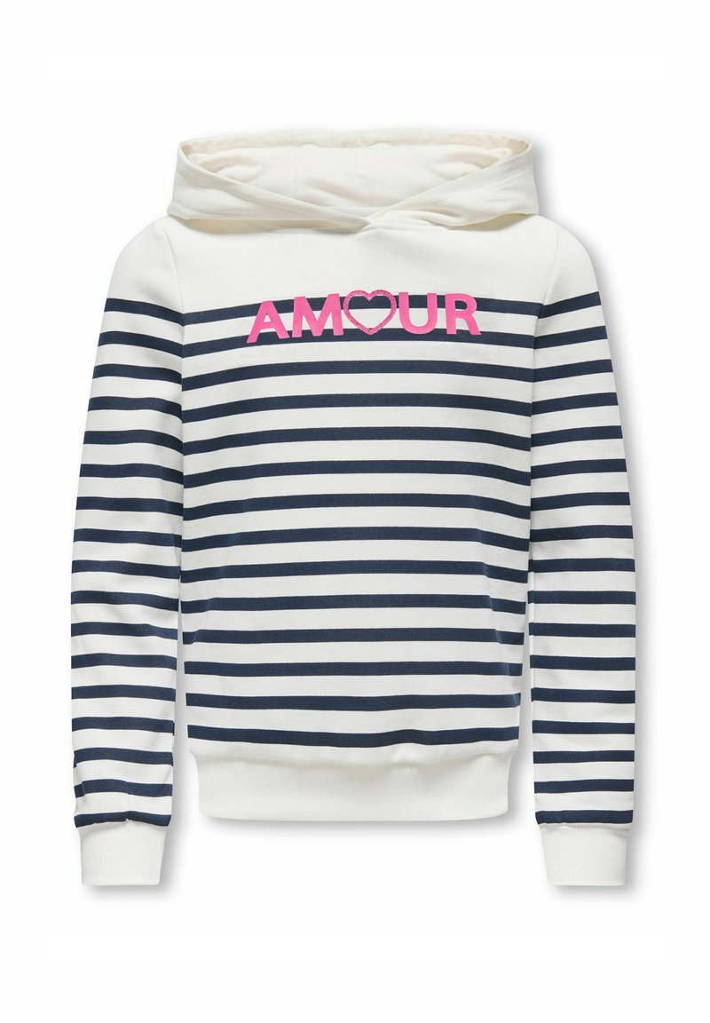 Sweat à capuche rayé bleu marine et blanc, avec un texte rose "AMOUR" accompagné d'un cœur, capuche avec cordon de serrage, et poignets et bas en tricot côtelé.
