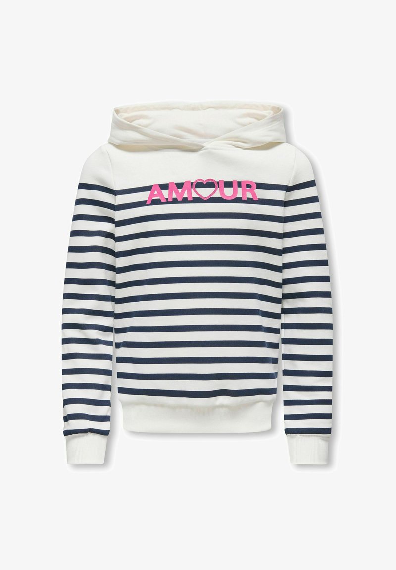 Sweat à capuche rayé bleu marine et blanc, avec un texte rose "AMOUR" accompagné d'un cœur, capuche avec cordon de serrage, et poignets et bas en tricot côtelé.