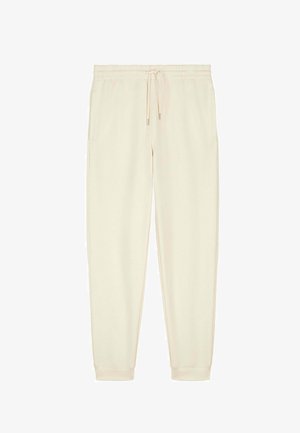 Off-white trenirka hlače s elastičnim pojasom, vezicom, bočnim džepovima, suženim nogavicama i manžetama na gležnjevima.