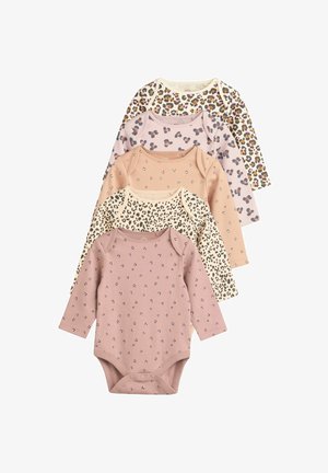 Fem långärmade babymössor i mjuk bomull, med pastellfärger och olika leopardtryck. Snäppstängningar nederst.