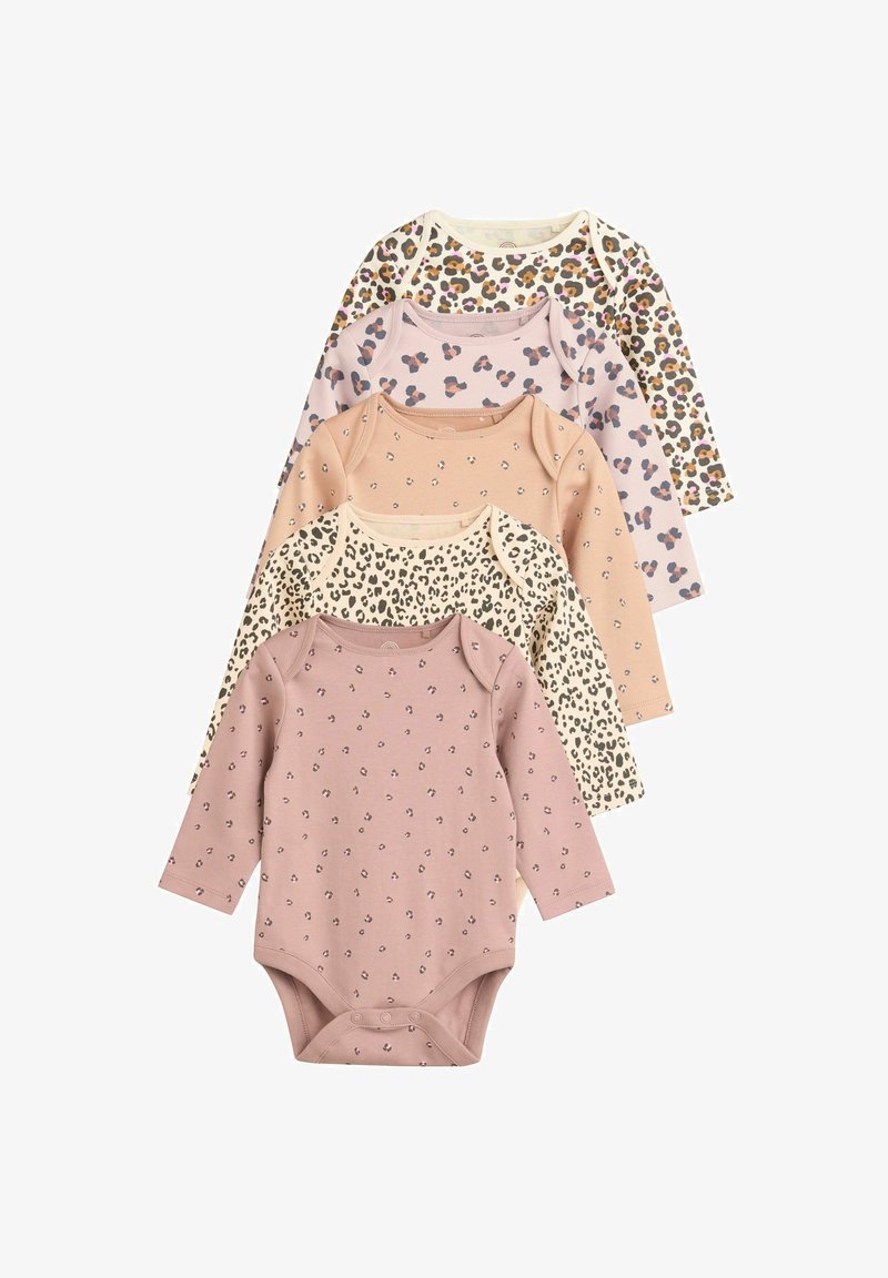 Five long-sleeve baby bodysuits in soft cotton, featuring pastel colors and various leopard print patterns. Snap closures at the bottom.