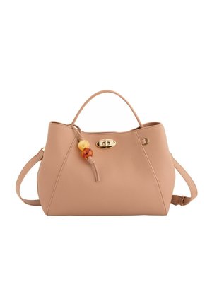 Beige leather handbag with top handle, adjustable shoulder strap, gold clasp, and decorative amber and yellow beads on front tassel.