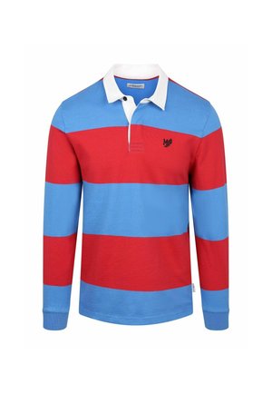 Langärmliges Rugbyshirt mit breiten horizontalen rot-blauen Streifen, weißem Kragen und kleinem schwarzen gesticktem Logo auf der Brust.