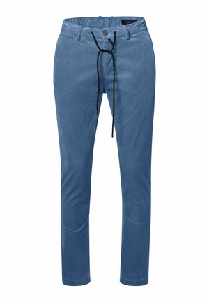 Schmal geschnittene blaue Cordhosen mit Knopf, schwarzem Kordelzug, Gürtelschlaufen und Eingrifftaschen.